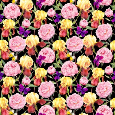 Çiçek desenli yinelenen. Şakayık çiçekleri, süsen ve kelebekler. Siyah arka plan üzerine suluboya