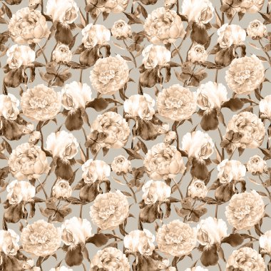 Peonies, süsen ve kelebekler. Retro sorunsuz arka plan. Çiçek desenli. Suluboya
