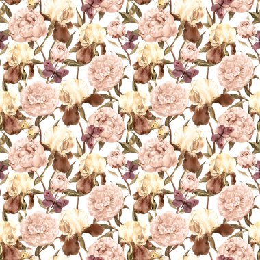 Peonies, süsen ve kelebekler. Retro sorunsuz arka plan. Çiçek desenli. Suluboya