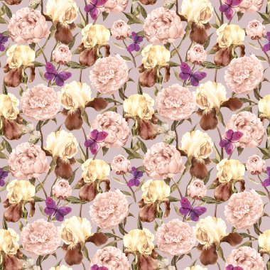 Peonies, süsen ve kelebekler. Retro sorunsuz arka plan. Çiçek desenli. Suluboya