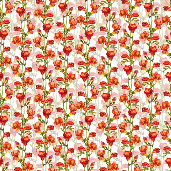 Papel de parede floral sem costura com flores vermelhas freesias no fundo folhas verdes — Fotografia de Stock
