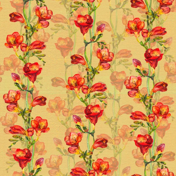 Seamless vintage background with retro freesia flower in floral background on old paper texture — Stock Photo, Image