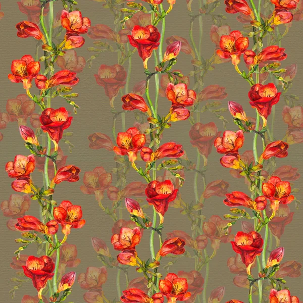 Plantilla repetida con diseño brillante - flores de freesia exóticas rojas sobre papel viejo — Foto de Stock