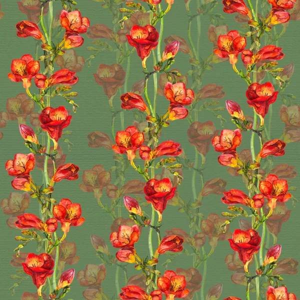 Patrón floral brillante sin costuras con acuarela flor de freesia roja sobre textura de papel — Foto de Stock