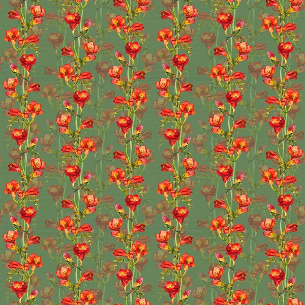 Diseño de tela sin costuras con exquisita flor de freesia botánica roja — Foto de Stock