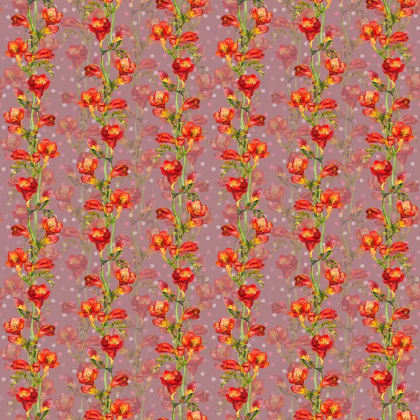 Fondo repetido con flores de freesia roja y manchas de guisante — Foto de Stock