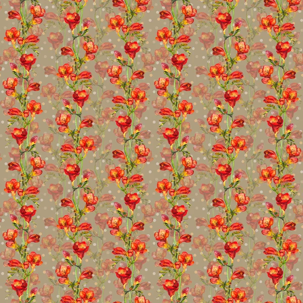 Fondo de pantalla sin costuras con diseño de polka floral - flores de freesia roja con guisantes —  Fotos de Stock