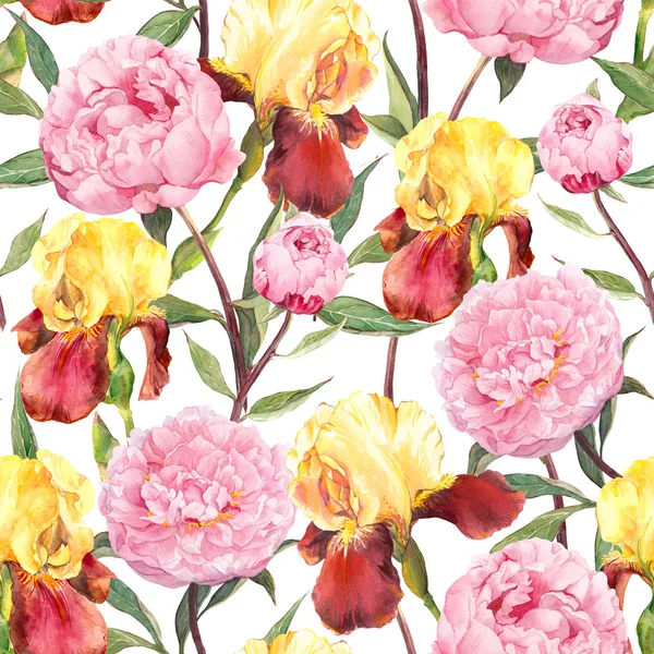 Sömlös blommönster. Pioner blommor och Iris. Akvarell — Stockfoto