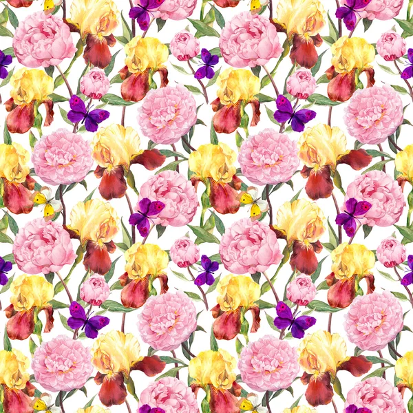 Repeating floral pattern. Peonies flowers, irises and butterflies. Watercolour — Stock Photo, Image