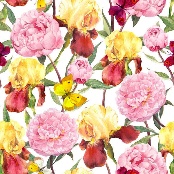 Παιώνιες λουλούδια, τις ίριδες και πεταλούδες. Απρόσκοπτη λουλουδάτο μοτίβο. Χρώμα νερού — Φωτογραφία Αρχείου