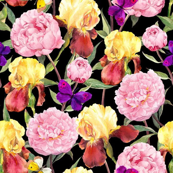 Sömlös blommönster. Pion blommor, iris och fjärilar. Akvarell på svart bakgrund — Stockfoto