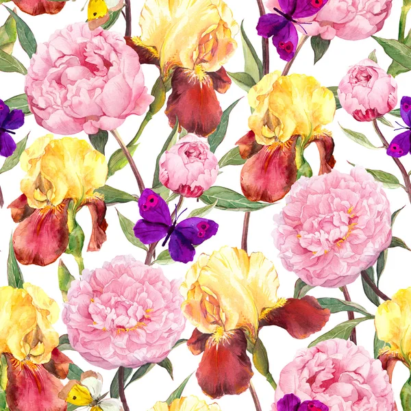 Motif floral sans couture. Pivoines fleurs roses, fleurs d'iris et papillons. Aquarelle — Photo