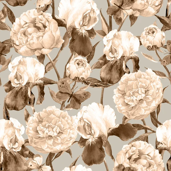 Peonies, irises and butterflies. Retro seamless background. Floral pattern. Watercolor — Stock Photo, Image