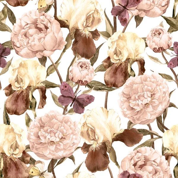 Pünkösdi rózsa, íriszek és a pillangók. Retro varratmentes háttérben. Virágmintás. Akvarell — Stock Fotó