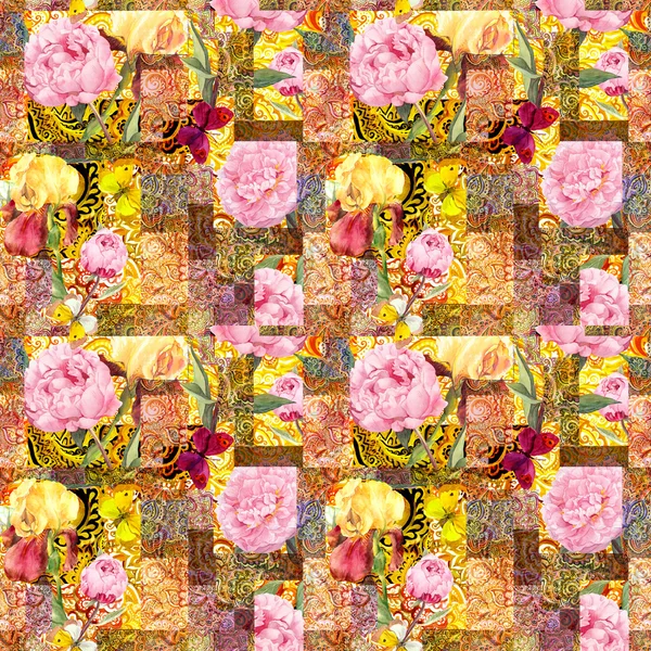 Blumen und indische Ziermuster, golden. Aquarell nahtloses Muster — Stockfoto