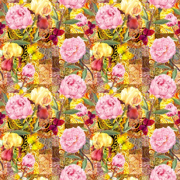 Üppige Blumen, Schmetterlinge und dekorative goldene indische Ornamente. Vintage-Aquarell nahtloses Muster. Gold und Luxus — Stockfoto