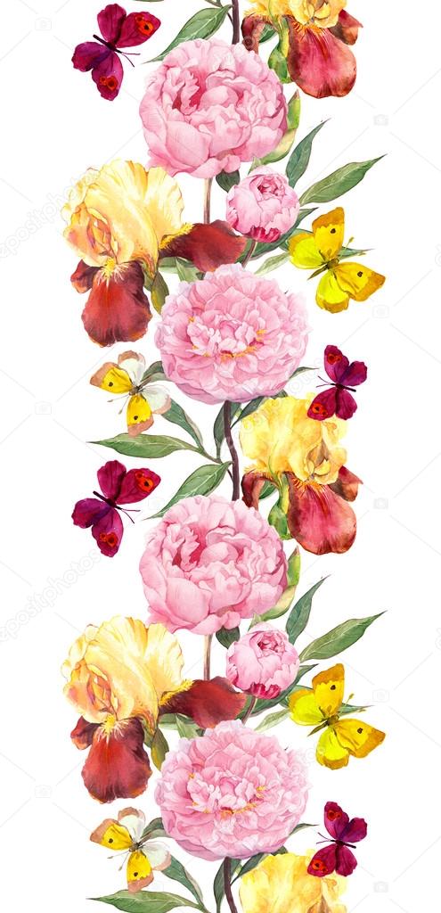 Peony, iris flowers and summer butterflies. Repeated border strip. Water color