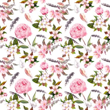 Peony flowers, sakura, feathers. Repeating floral background. Watercolor