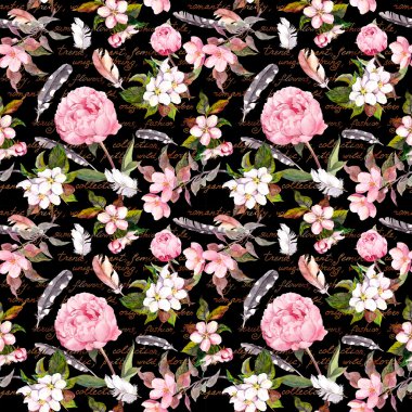 Pink flowers, feathers. Seamless floral pattern for fashion concept background. Watercolor