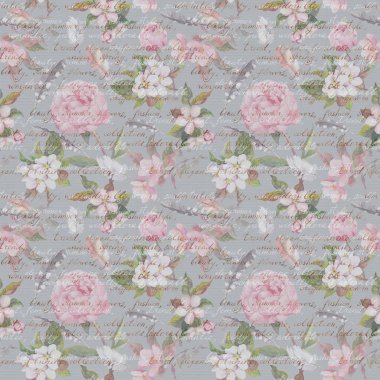 Şakayık çiçekleri, sakura, tüyler. El yazısıyla yazılmış eski, dikişsiz çiçek deseni. Suluboya