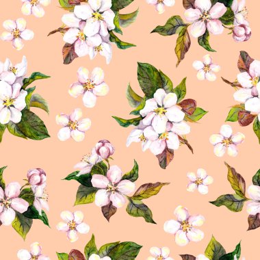 Seamless floral swatch with watercolor painted blooming japanese cherry flower on pink background