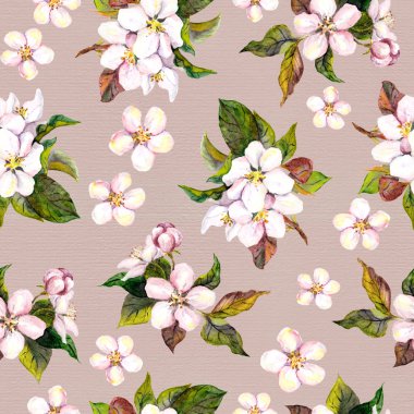 Vintage seamless floral pattern with watercolor painted retro apple tree flowers on old paper background