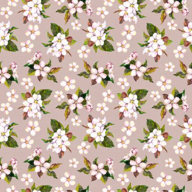 Seamless floral template with watercolor drawn apple tree flowers blossom on brown paper texture