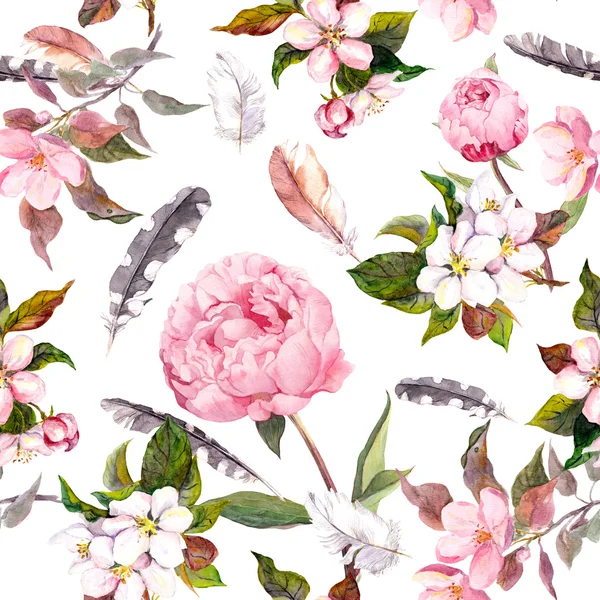 Pion blommor, sakura, fjädrar. Vintage sömlös blommönster. Akvarell — Stockfoto