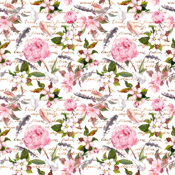 Peony flowers, sakura, feathers. Vintage seamless floral pattern with hand written letter. Watercolor — Stock Photo, Image