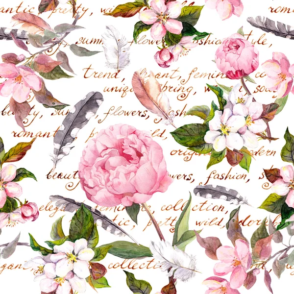 Pioenenbloemen, sakura, veren. Vintage naadloos bloemenpatroon met de hand geschreven brief. Waterverf — Stockfoto