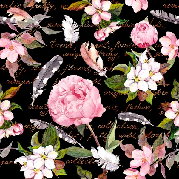 Pink flowers, feathers. Seamless floral pattern for fashion concept background. Watercolor — 图库照片