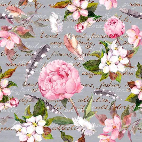 Fleurs de pivoine, sakura, plumes. Vintage motif floral sans couture avec lettre écrite à la main. Aquarelle — Photo