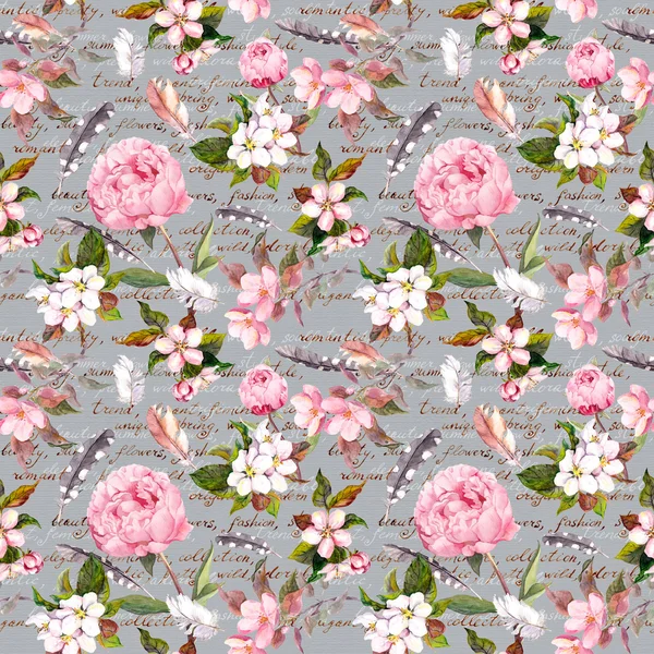 Fleurs de pivoine, sakura, plumes. Vintage motif floral sans couture avec lettre écrite à la main. Aquarelle — Photo