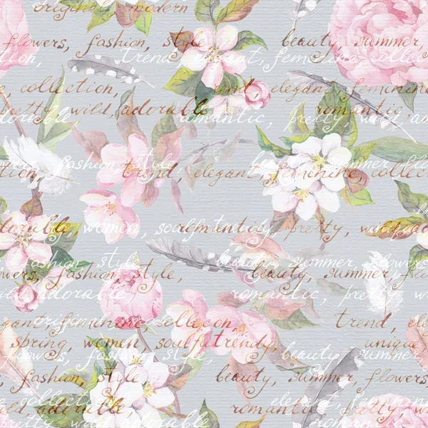 Квіти півонії, сакура, пір'я. Урожай безшовний квітковий візерунок з рукописною літерою. Акварель — стокове фото