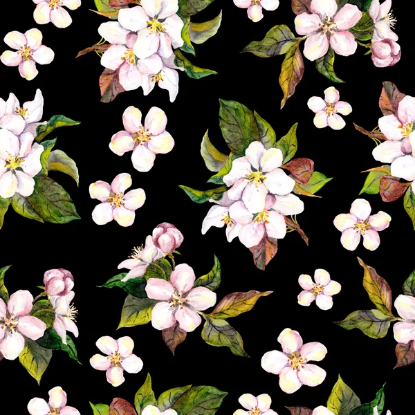 Seamless floral contrast background with apple tree flowers on black backdrop. Watercolor drawing — Stok fotoğraf