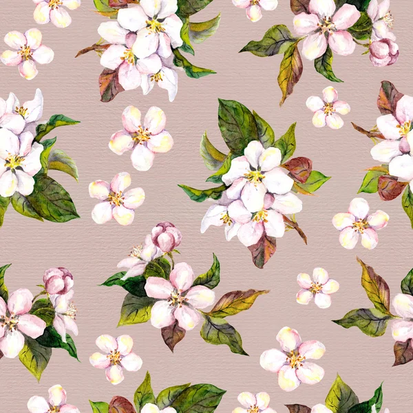 Vintage seamless floral pattern with watercolor painted retro apple tree flowers on old paper background — ストック写真