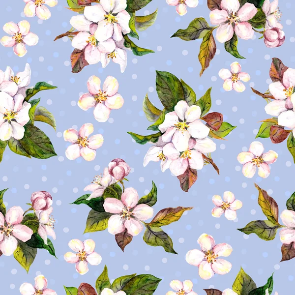 Seamless floral wallpaper with aquarell cherry tree flowers bloom on blue polka dots background — Φωτογραφία Αρχείου