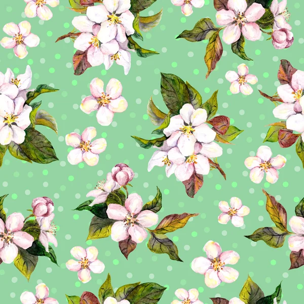 Seamless floral template with watercolour painted cherry tree flowers on green background with peas — ストック写真