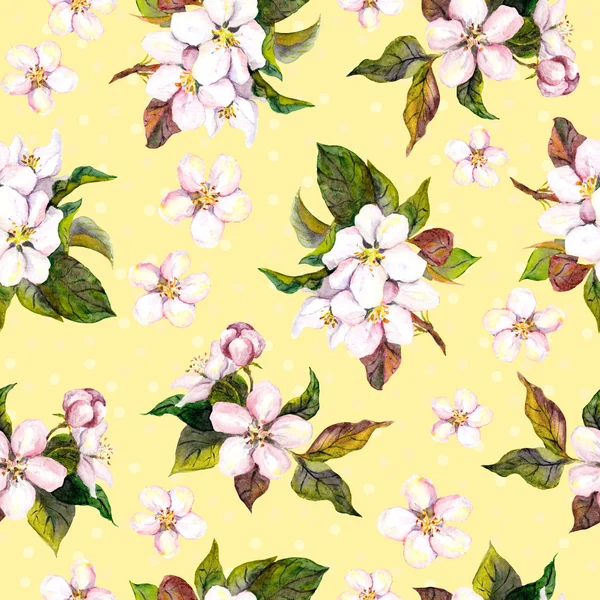 Seamless floral yellow backdrop with watercolour painted fruit flowers - apple, cherry, plum, apricot blossom — Stockfoto