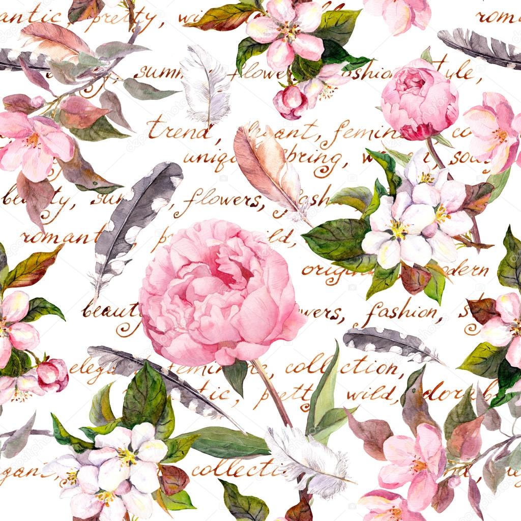 Peony flowers, sakura, feathers. Vintage seamless floral pattern with hand written letter. Watercolor