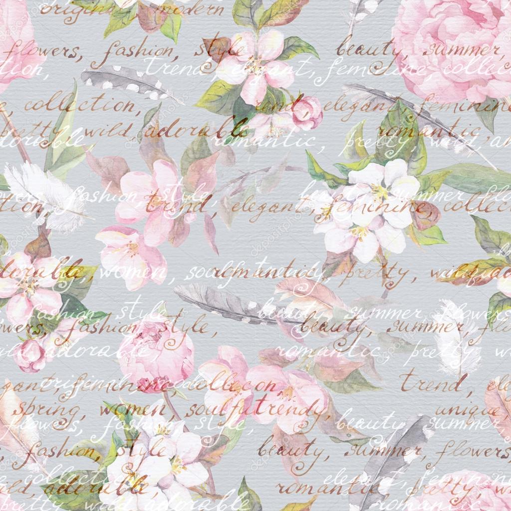 Peony flowers, sakura, feathers. Vintage seamless floral pattern with hand written letter. Watercolor