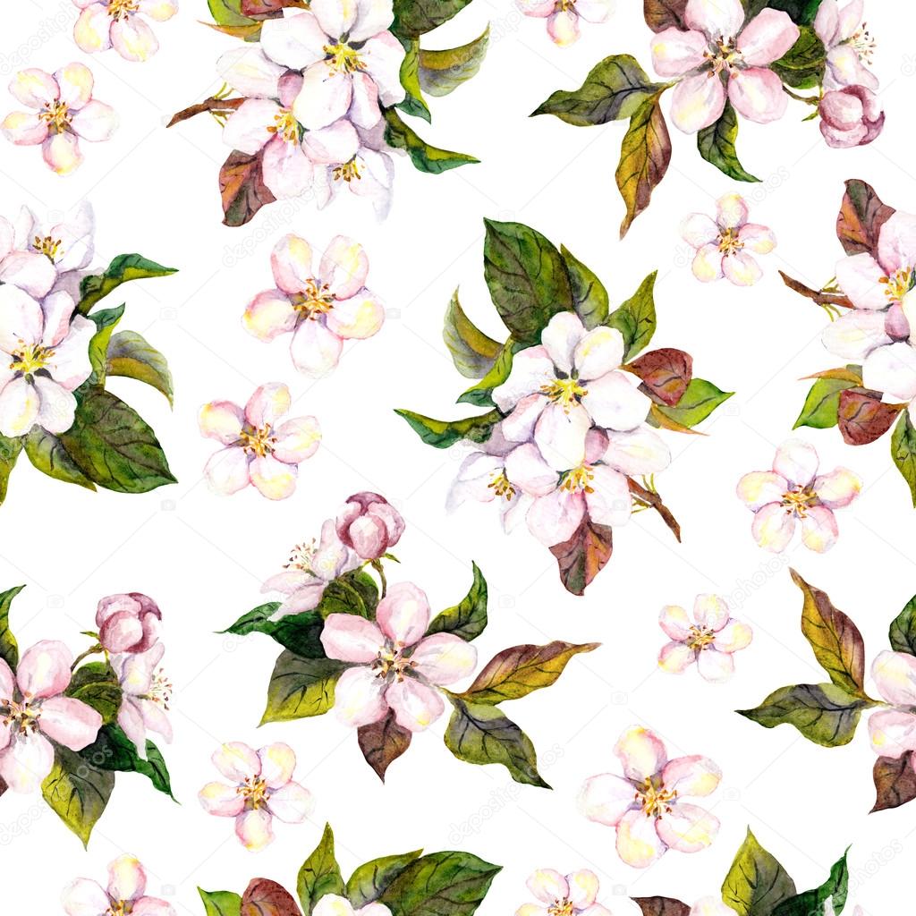 Seamless floral pattern with watercolour drawing - pink apple and cherry flower blossom on white background