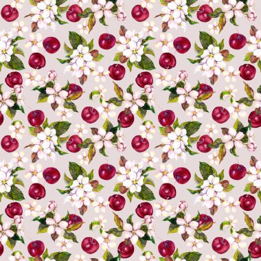 Cherry flowers and cherry berries. Seamless floral pattern. Watercolour