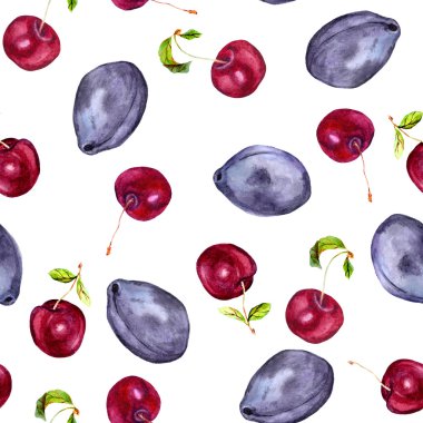 Cherry and plum fruits. Seamless harvest pattern. Watercolor 