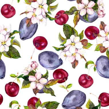Cherry flowers and fruits: cherry berries, plum. Seamless floral pattern. Watercolor