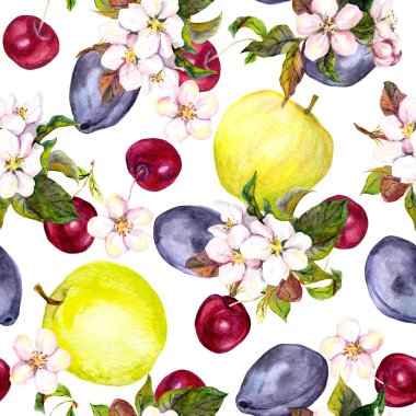 Cherry flowers and fruits: plum, cherry, apple. Seamless pattern. Watercolor