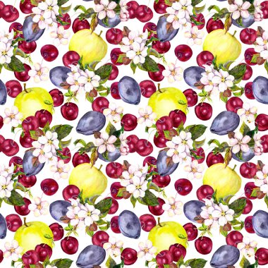 Cherry flowers and harvest fruits: plum, cherry, apple. Seamless wallpaper. Watercolour