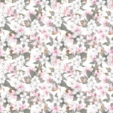 Seamless repeated floral pattern - pink cherry sakura and apple flowers. Watercolor