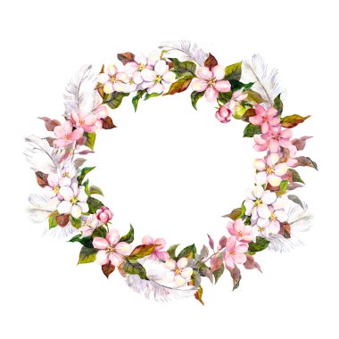 Vintage border wreath with blossom flowers -herry, apple flower and feathers. Retro water color in shabby chic style