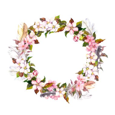 Vintage frame - wreath in boho style. Feathers and spring flowers cherry, apple flower blossom. Watercolor